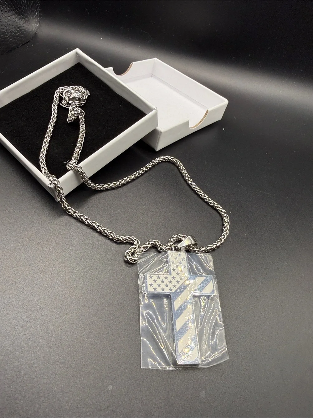 Stainless steel Cross Pendant Necklace with American Flag -Luke1:37 inscribed